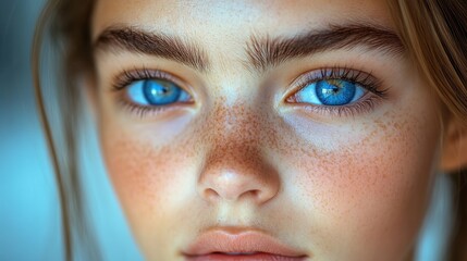 Fototapeta premium Close-up portrait of a young woman with blue eyes and freckles. (1)