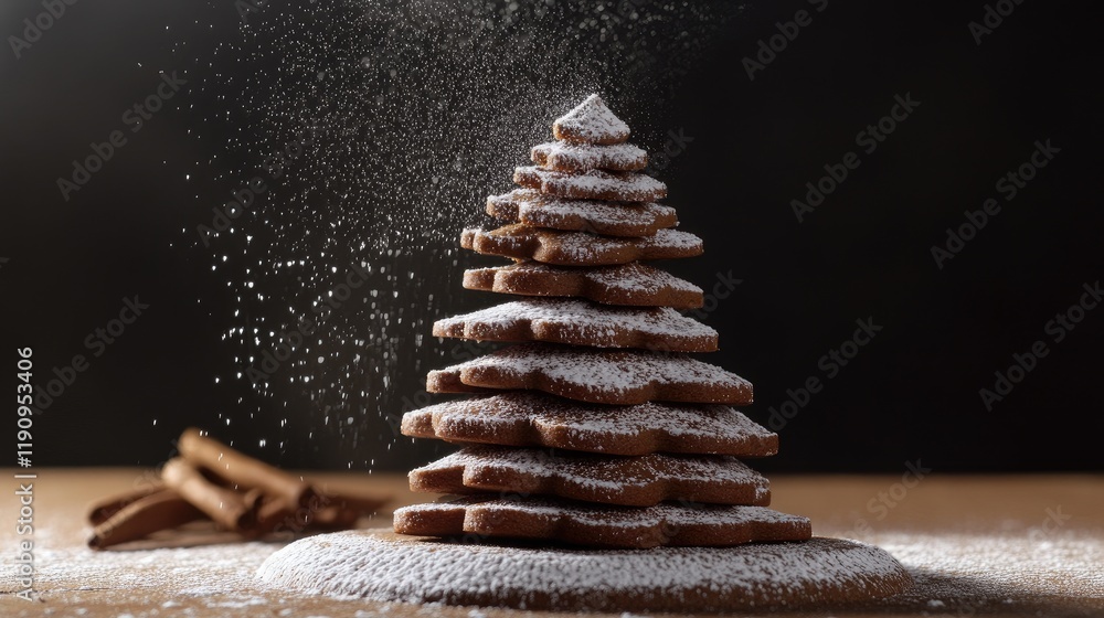 Poster a stack of gingerbread cookies shaped like a christmas tree, delicately dusted with icing sugar and 