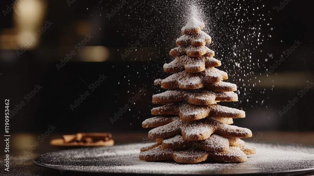 Poster a stack of gingerbread cookies shaped like a christmas tree, delicately dusted with icing sugar and 