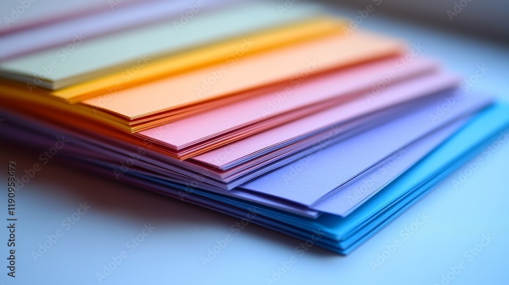 Poster brightly colored stack of paper sheets arranged on a surface, perfect for creative projects and note