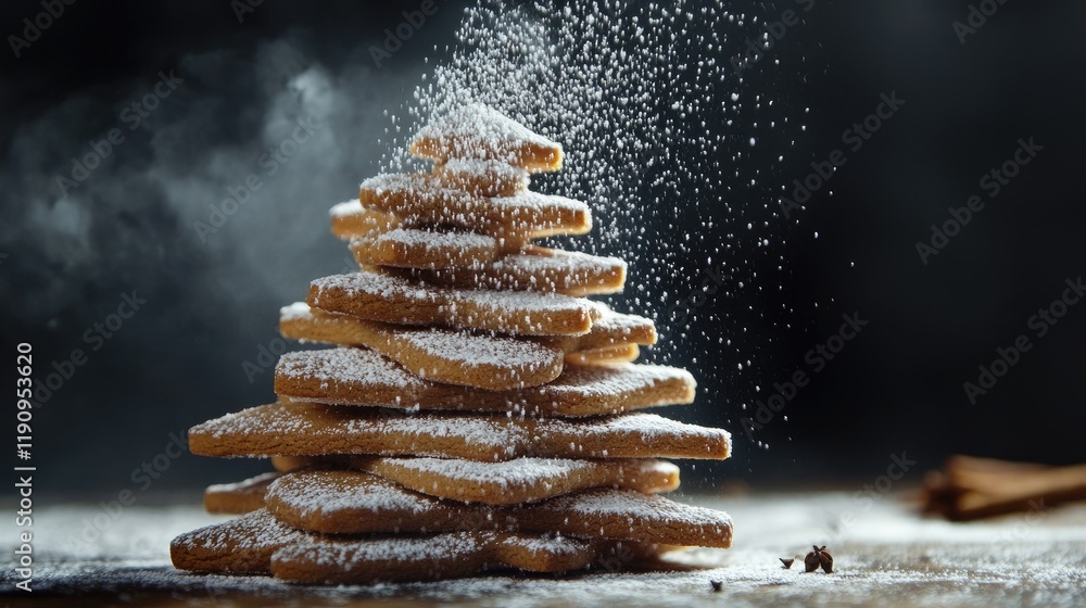 Poster a stack of gingerbread cookies shaped like a christmas tree, delicately dusted with icing sugar and 