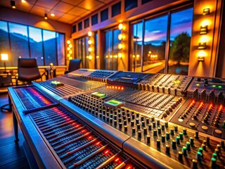 Fototapeta premium Panoramic View of Professional Audio Mixing Console in Modern Recording Studio