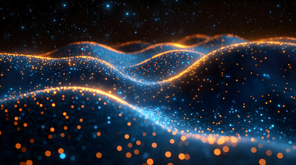 Obraz premium Abstract Glowing Particle Waves in Blue and Orange Hues