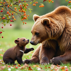Obraz premium Brown bear and cub interacting in a colorful autumn setting