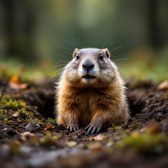 Fototapeta premium A detailed close-up of a groundhog popping out of its burrow, showcasing wildlife in its natural habitat. Perfect for nature-themed projects.