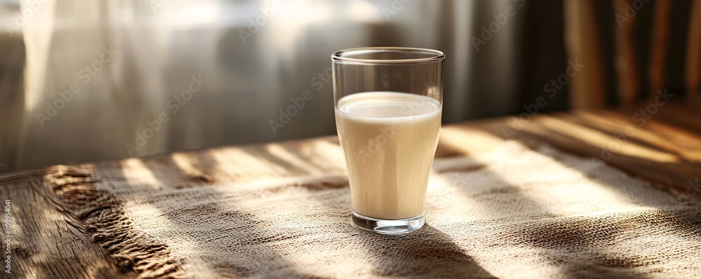 Wall mural Glass of milk resting on rustic table in morning sunlight