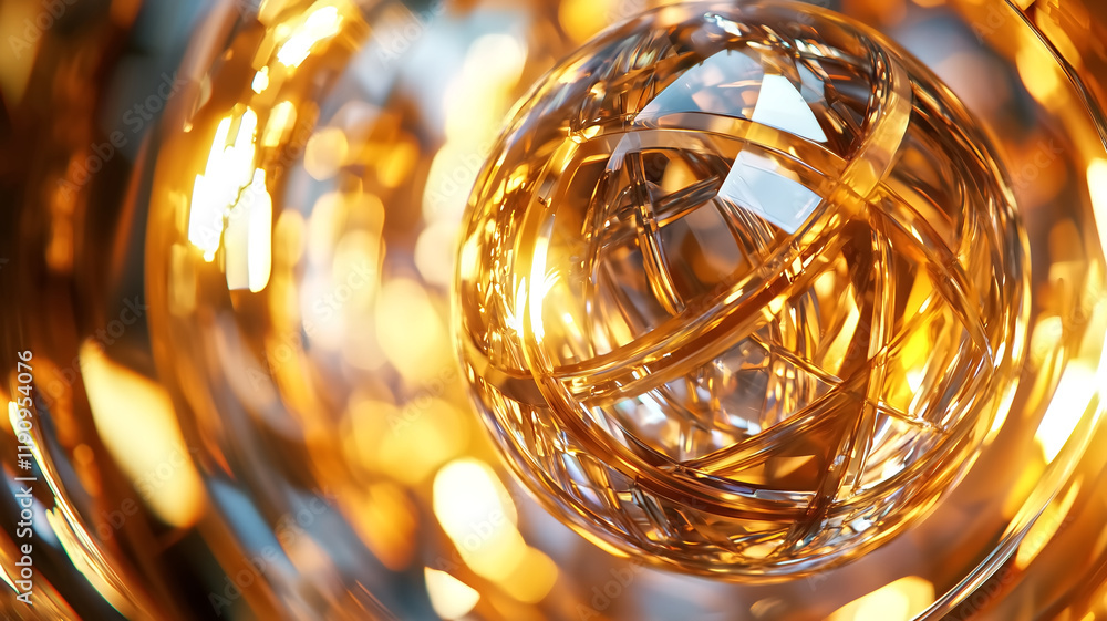 Poster mesmerizing abstract image featuring glowing, intricate glass sphere with golden light reflections, 