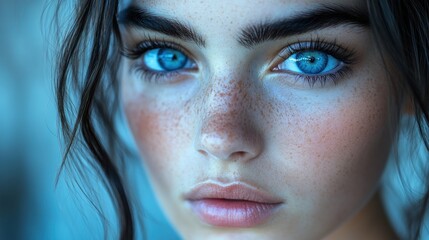 Close-up portrait of a young woman with blue eyes and freckles. (2)