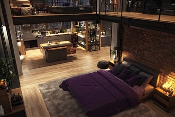 Fototapeta premium loft style apartment in dark colors. Stylish modern kitchen with island, cozy bedroom with fireplace and personal gym.