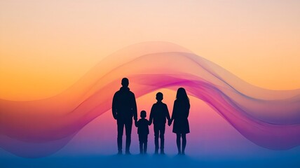 Fototapeta premium Family Silhouettes in Serene Sound Wave Landscape at Sunset