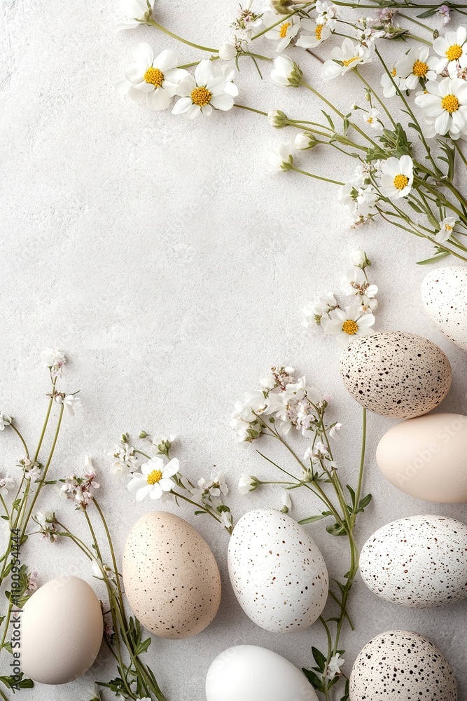 Poster calming easter background featuring neutral-toned eggs and wildflowers on a smooth stone surface wit