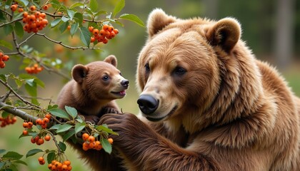 Bear and cub interacting among vibrant orange berries