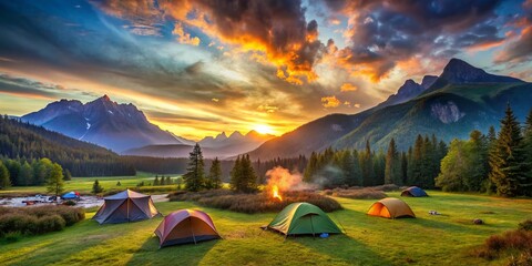Fototapeta premium Panoramic View of Serene Camping Site at Sunset, Majestic Mountain Range in Background