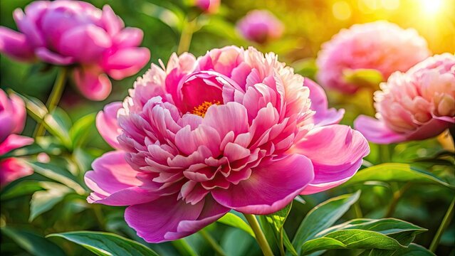 Cytherea, a sunny pink peony, bursts into bloom, a vibrant herbaceous beauty captured in photography.