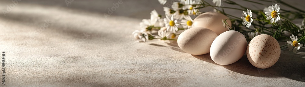 Poster Calming Easter background with neutral-toned eggs and wildflowers on a smooth stone surface with ample space for text overlay