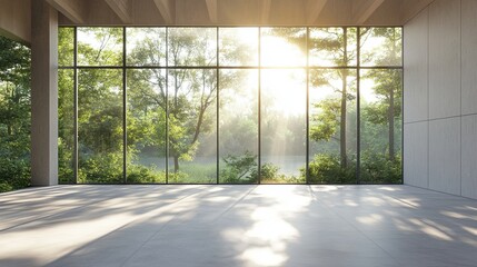 Naklejka premium Modern interior of empty space in loft style 3d render, there are large windows to see the view of nature, sunlight shining into the room