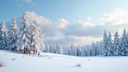 A serene, snow-draped field under an open sky; majestic pine trees cloaked in white on one side, their branches laden with snow glistening softly in the light