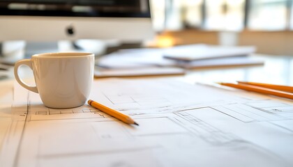 Close-Up of Office Desk with Papers, Pen, and Coffee Mug – Professional Workspace Concept