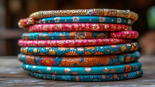 Colorful bangles stacked beautifully on a wooden surface in a festive setting