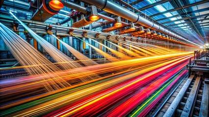 Obraz premium Panoramic View of Textile Factory Machinery in Motion, Rhythmic Weaving Process
