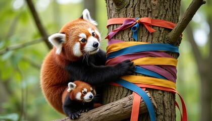 Red pandas playing with colorful ribbons on a tree