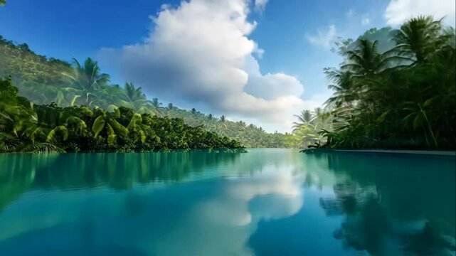 Tranquil infinity pool nestled amongst lush tropical foliage, reflecting a vibrant sky.