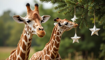 Obraz premium Giraffes admiring stars hanging from a tree