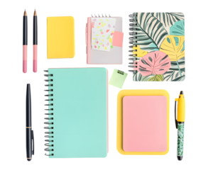 Flat lay of stationery items: notebooks, pens, and sticky notes isolated on transparent background, cut out, png, clipping path