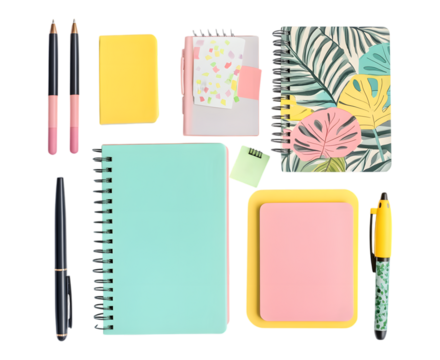 Flat lay of stationery items: notebooks, pens, and sticky notes isolated on transparent background, cut out, png, clipping path