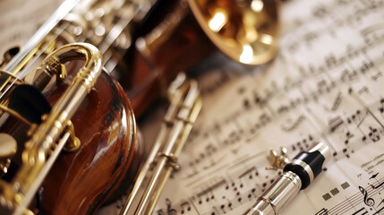 Obraz premium Various musical instruments lie on sheet music of a symphony