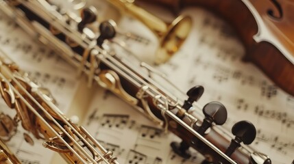 Obraz premium Various musical instruments lie on sheet music of a symphony