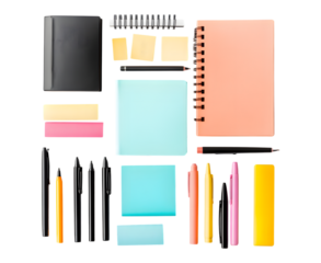 Flat lay of stationery items: notebooks, pens, and sticky notes isolated on transparent background, cut out, png, clipping path