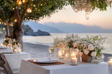 Obraz premium A serene beachside dinner setup, with a table for two adorned with candles, flowers, and a breathtaking ocean view
