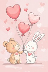 Cute cartoon animals celebrate Valentine's Day with heart-shaped balloons on a pastel pink background for a child-friendly card design