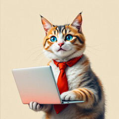 A surreal yet realistic cat wearing a red tie, working on a laptop, symbolizing coding expertise. Perfect for National Coding Week themes, tech blogs, and creative marketing.