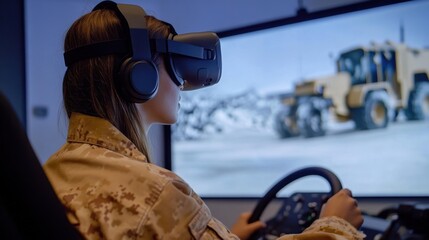 Female soldier wearing camouflage uniform using virtual reality simulator and driving a snowplow truck in a snowy landscape, training for extreme conditions with innovative technology