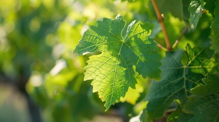 Close-up of a vibrant green grape leaf in a vineyard, showcasing its texture and natural beauty.
