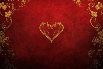 Luxurious deep red velvet background with gold embossed hearts and floral details featuring elegant script for romantic occasions