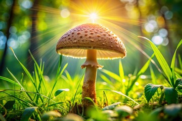 Parasol Mushroom in Grass, Macrolepiota procera, Wild Edible Fungi, Autumn Forest Floor
