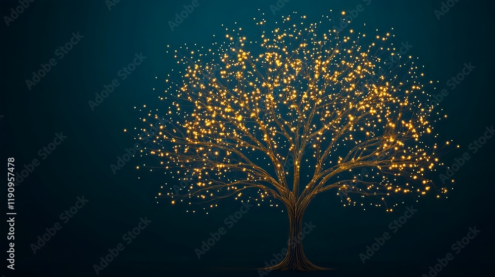 Poster glowing modern tree with interconnected branches representing growth and conceptual design