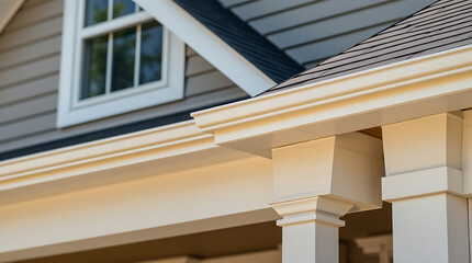 Elegant Home Exterior: Modern Architectural Design with Classic Details. High-quality image showcasing the beauty of residential architecture, featuring a well-designed porch and gutters.