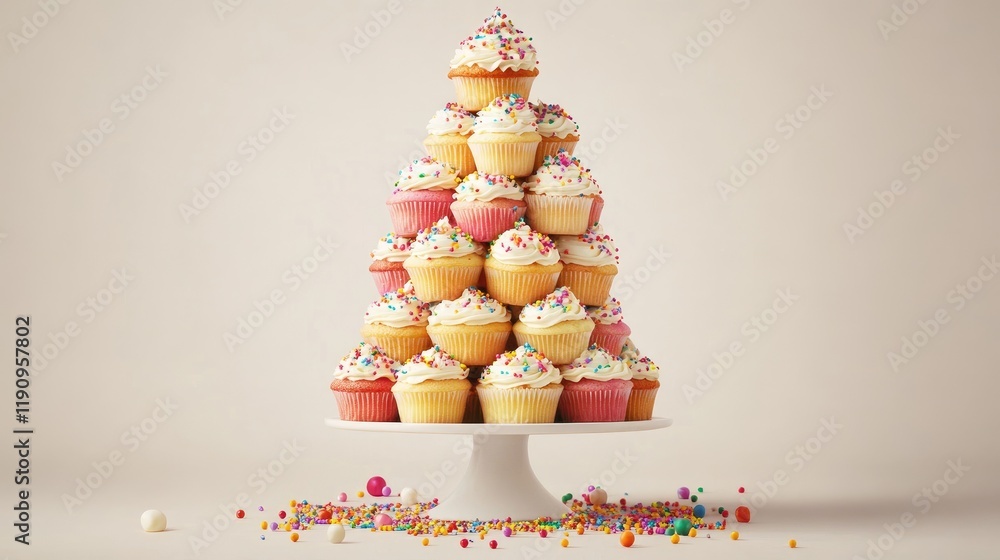 Poster a sweet tower of cupcakes stacked high, each topped with colorful sprinkles and frosting, creating a