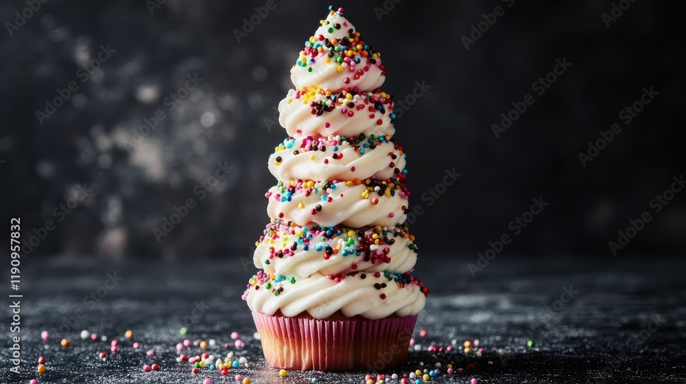 Poster a sweet tower of cupcakes stacked high, each topped with colorful sprinkles and frosting, creating a