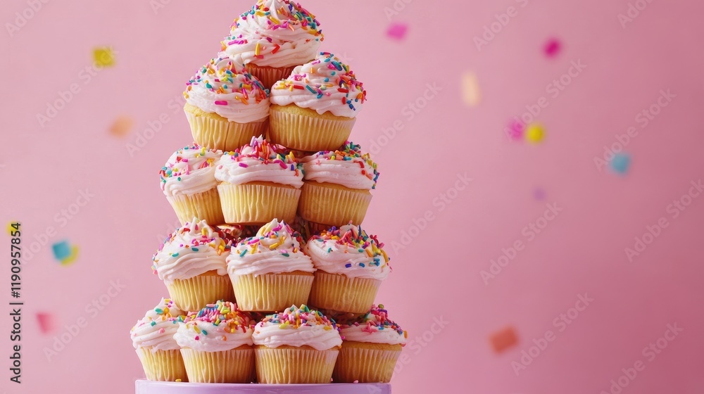 Poster a sweet tower of cupcakes stacked high, each topped with colorful sprinkles and frosting, creating a