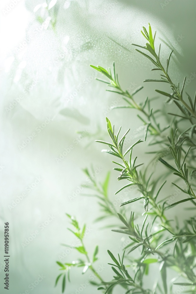 Poster fresh herbs on frosted glass background create a serene and modern homeopathic theme with soft light