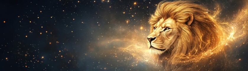 Naklejka premium Golden lion head merging with swirling stardust and celestial light