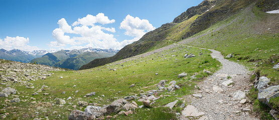 easy mountain trail from the Gotschnagrat to the Parsenn area, above Davos, swiss alps