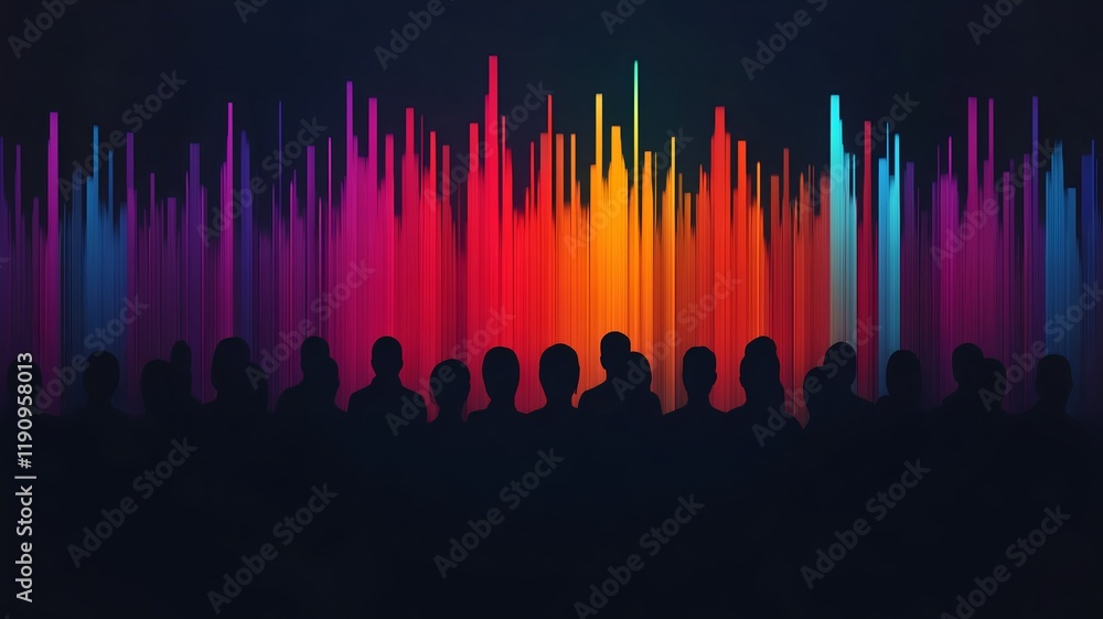 Poster colorful sound wave patterns overlaying silhouetted crowd symbolizing collective voices and unity