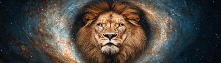 Fototapeta premium Golden lion s face emerging from a swirling galaxy, blending strength with the vastness of space