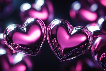 Futuristic Valentine's Day background featuring glowing pink metallic chrome hearts with a sleek dark backdrop and ample space for text overlay